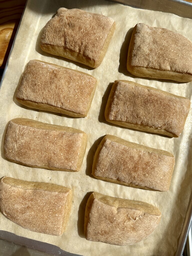 Ocho ciabattas sin gluten recién horneadas con corteza dorada sobre bandeja con papel de hornear